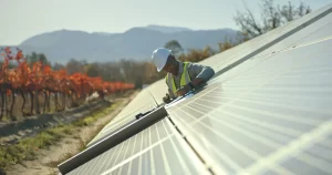 Trabalhador instala painéis solares em telhado inclinado com estrutura metálica, em um cenário rural com árvores e montanhas ao fundo, ao ar livre.