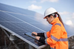 Técnica em segurança com capacete e roupa laranja ajustando placas de energia solar em uma usina, com céu azul ao fundo e painéis fotovoltaicos alinhados.